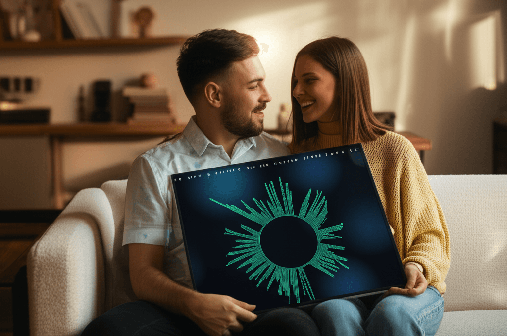 Couple holding circular waveform art