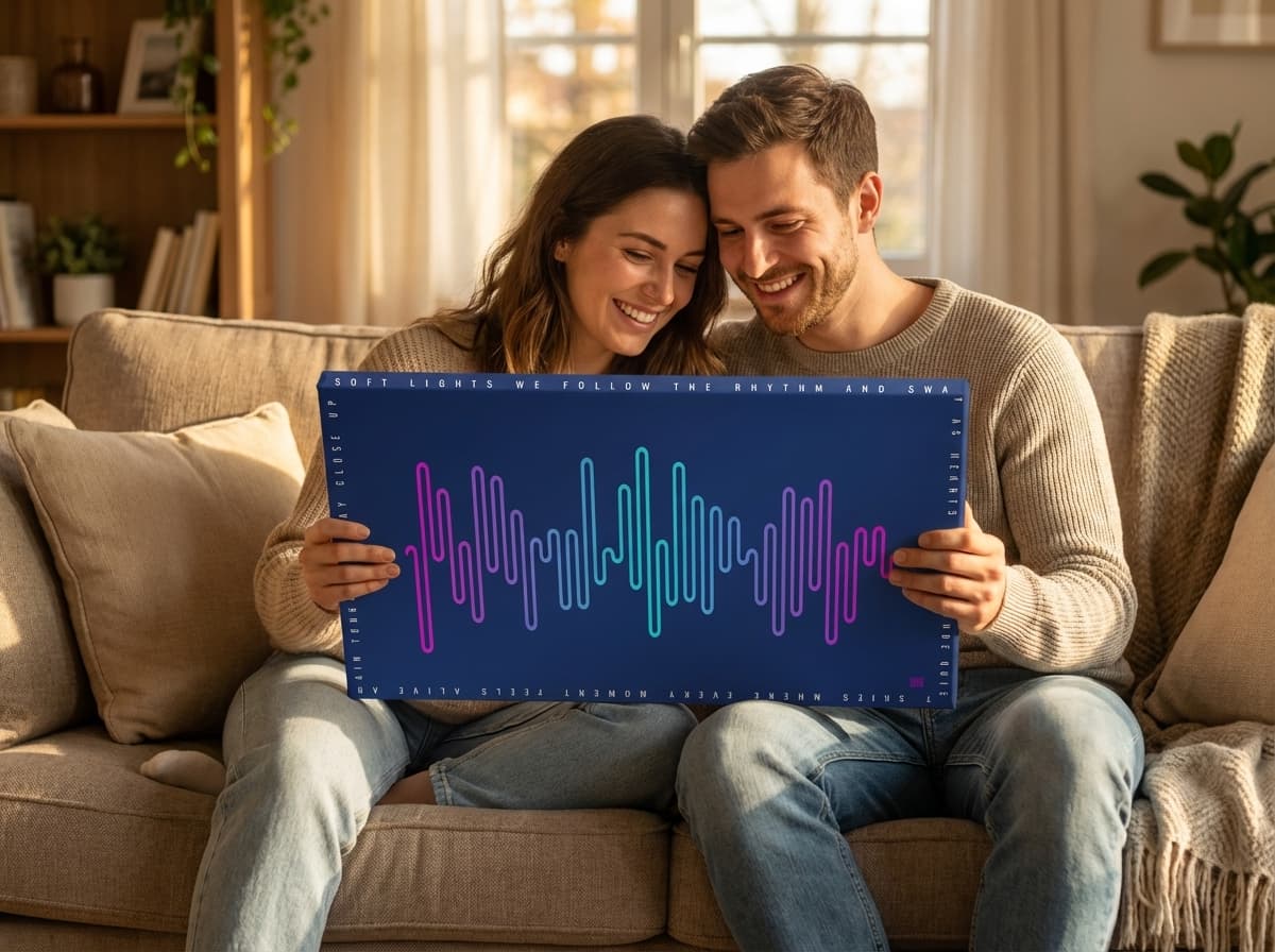 Couple holding squiggly canvas
