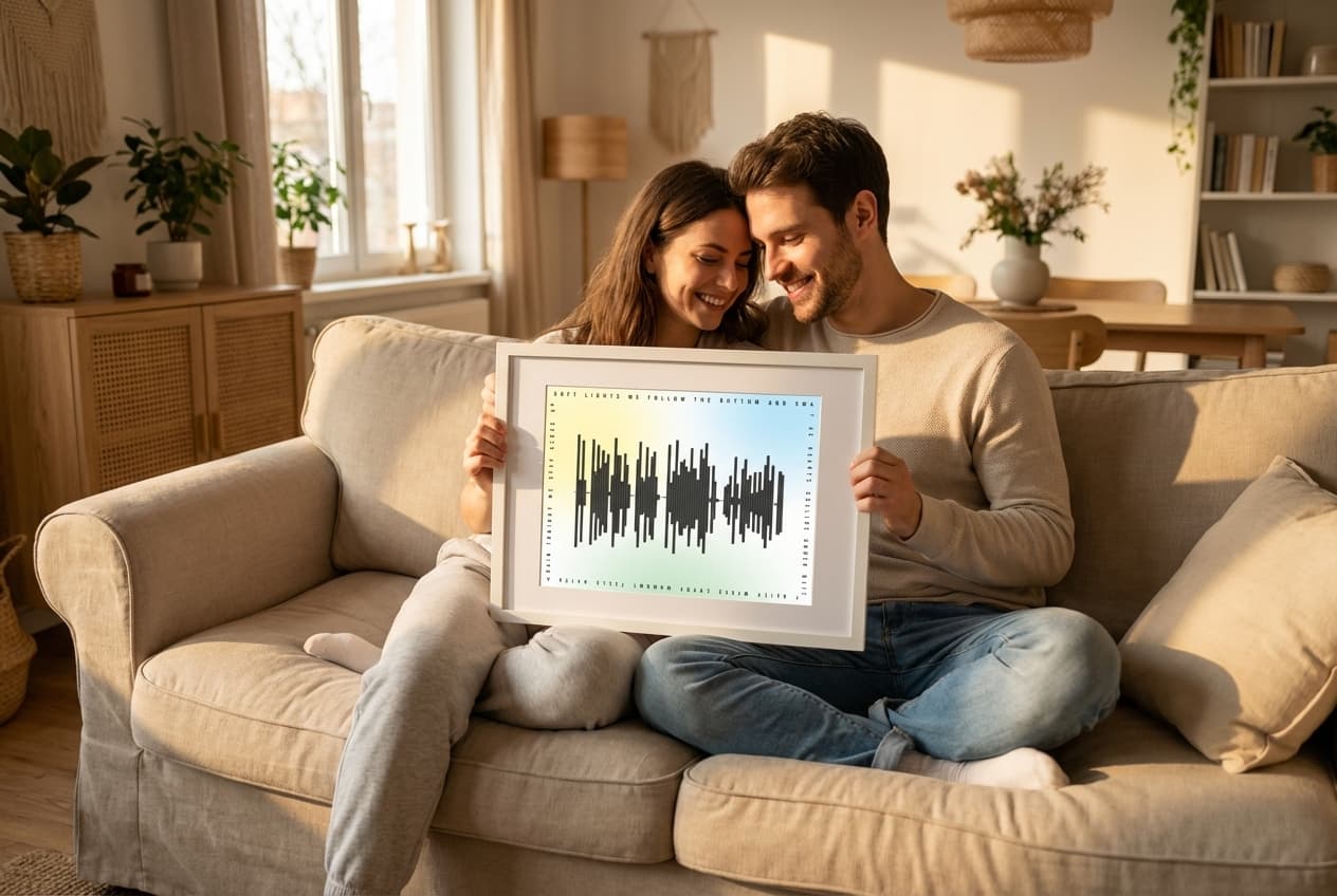 Couple with framed waveform print