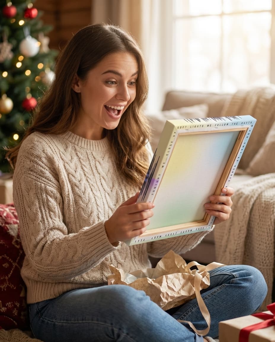 Woman opening a canvas gift