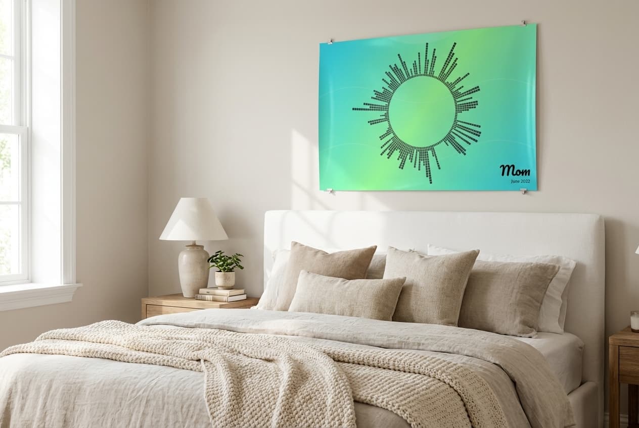 Large circular blocks poster above bed