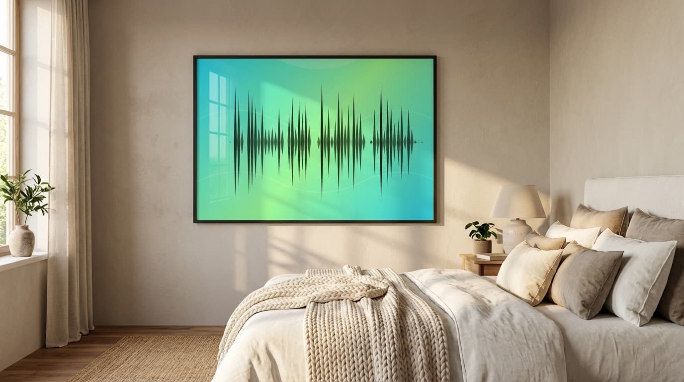 SoundPrint artwork above bed in cozy bedroom
