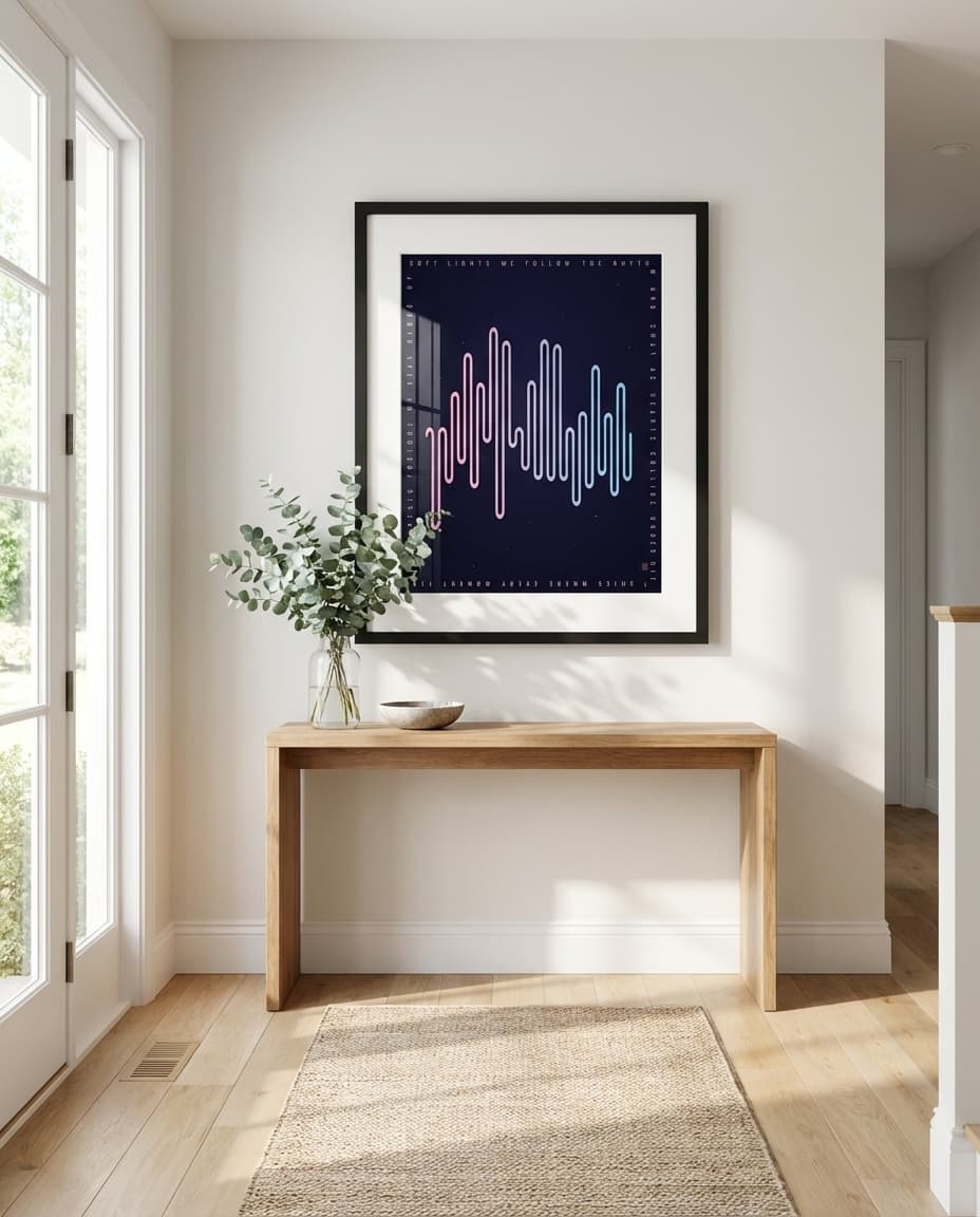 Framed squiggly waveform in entryway