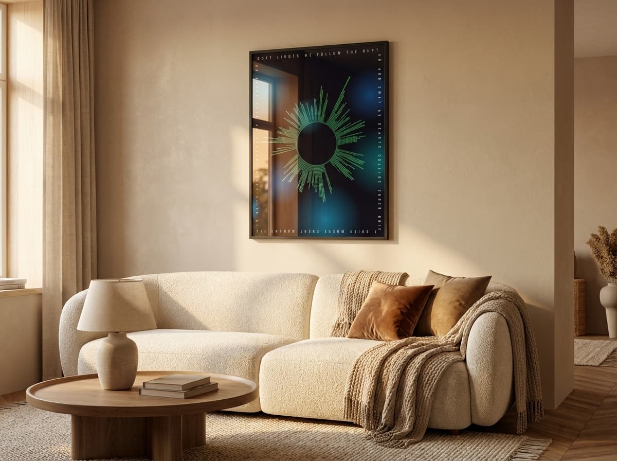 SoundPrint artwork above couch in modern living room