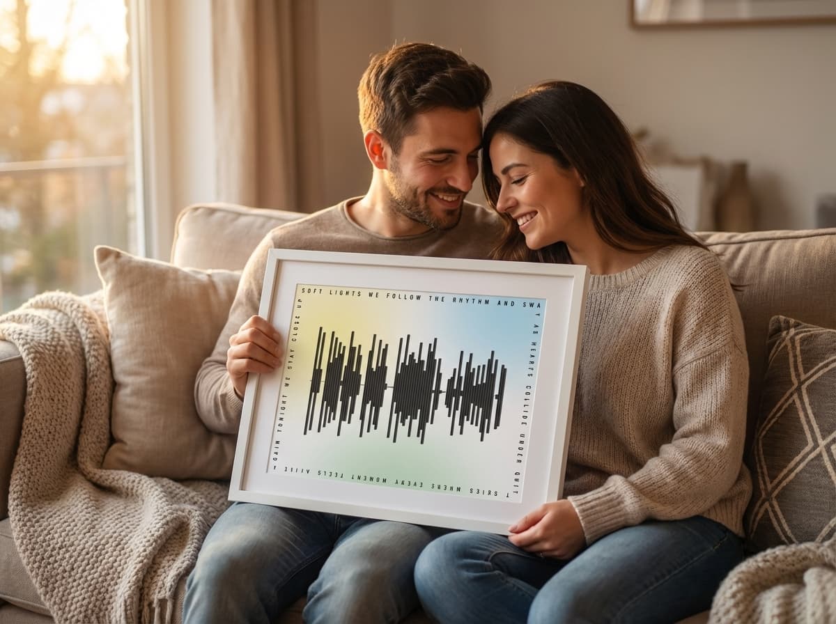 Couple holding framed SoundPrint