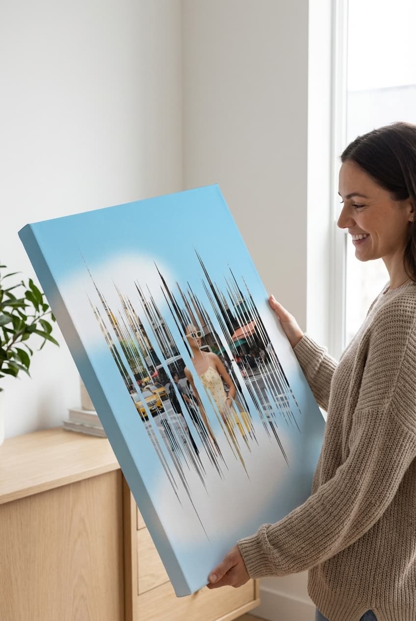 Woman holding large canvas