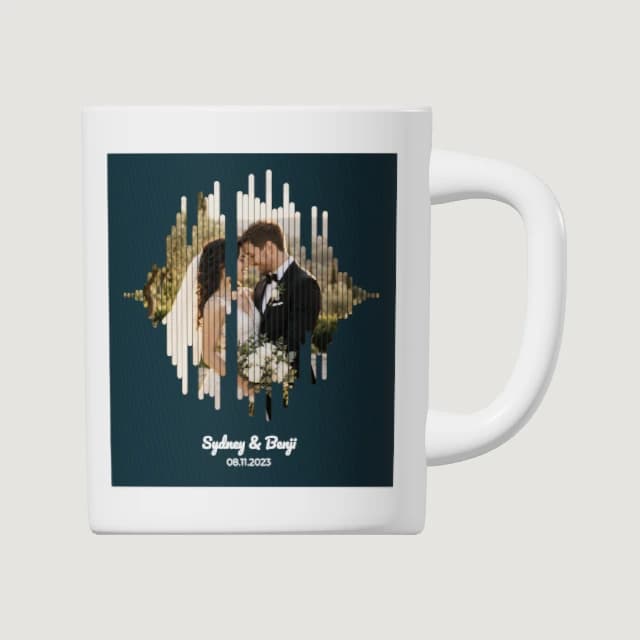 Illustrative white SoundPrints mug preview with waveform artwork